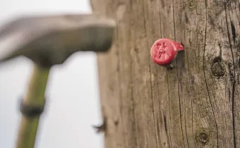 Wartung der Holzmasten. Der rote Nagel heißt: Muss weg! © Jigal Fichtner